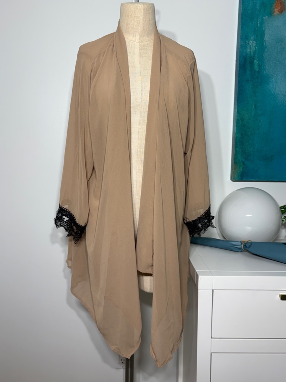 Canari Taupe Chiffon Draped Robe with Black Lace Trim